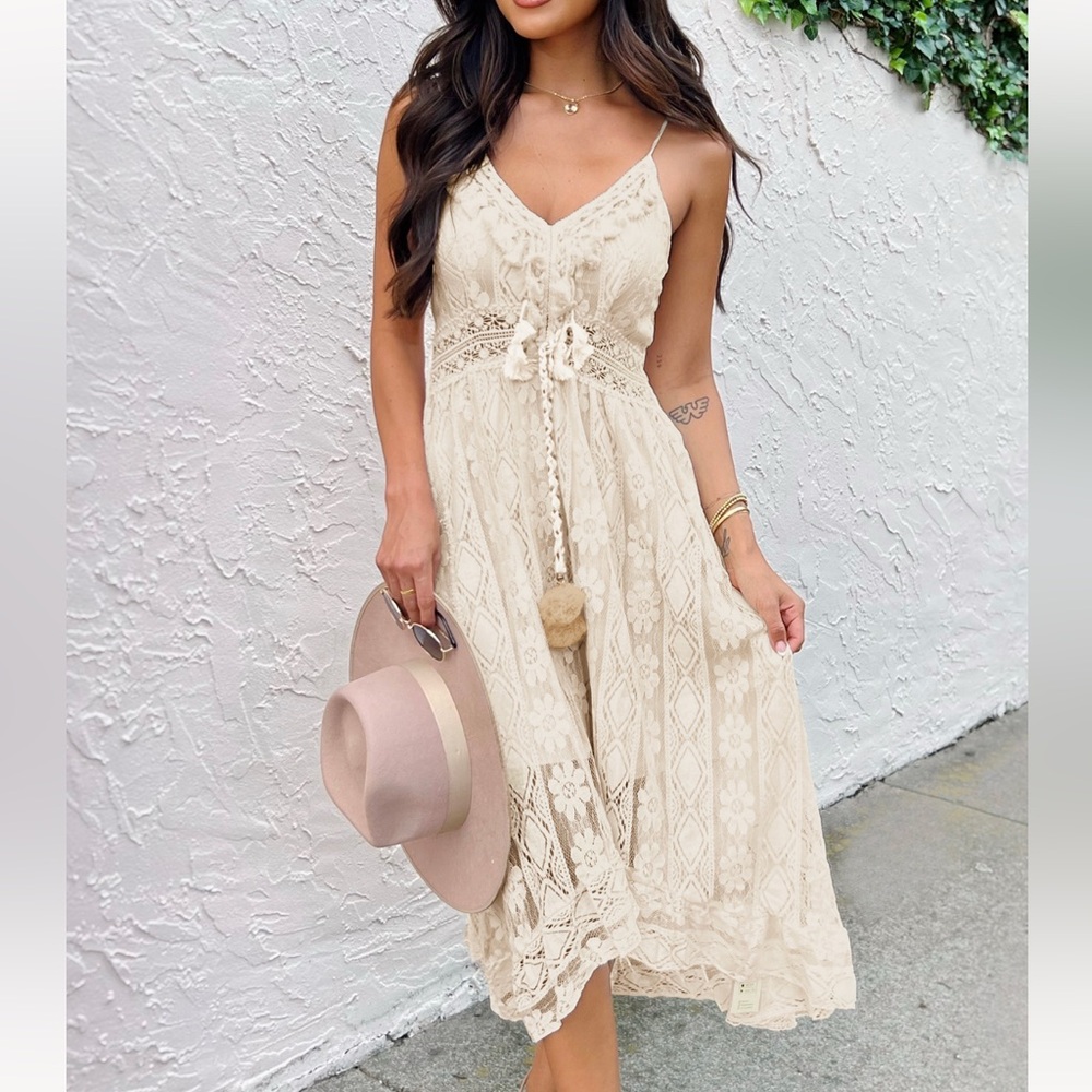 Beige Lace Maxi Dress with Tassel Tie - Picture 5 of 8